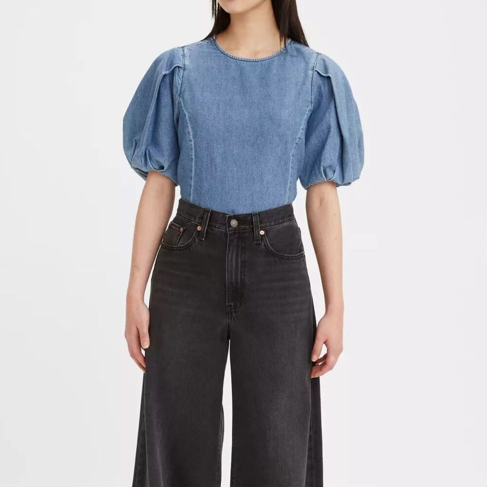 Levi's Women Small Puff Sleeve Zaida Sculptural Denim Blouse Western Boho